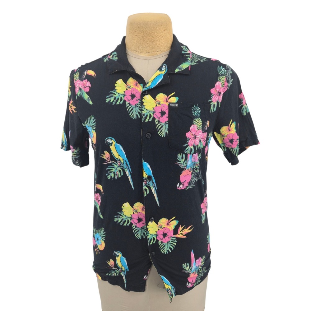 Hurley Button Down Shirt Boys 18/20 Black Tropical Parrot Floral Short Sleeve